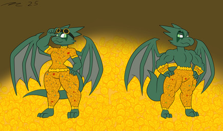 anthro back_wings biped clone clothing coin dragon_wings eyewear eyewear_on_head facial_tattoo gem goggles goggles_on_head gold_(metal) gold_coin green_body green_eyes green_scales green_skin male muscular scales solo standing tattoo unusual_clothing wings dirtymac mac-daddy kobold reptile scalie absurd_res hi_res model_sheet