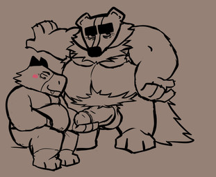 3_toes 4_fingers anthro balls belly big_belly bodily_fluids drooling duo erection feet fingers genitals humanoid_hands kemono male male/male moobs overweight overweight_male penis saliva simple_background sitting toes bencomedion beastly_crimes beastly_crimes_(2024) chief_badger fan_character badger capybara caviid mammal mustelid musteline rodent 2026 hi_res