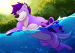 anthro black_nose claws clothing countershade_torso countershading fur hair looking_at_viewer male membrane_(anatomy) nipples one_eye_closed pink_nipples plant purple_body purple_claws purple_eyes purple_fur purple_hair snaggle_tooth solo swimming swimming_trunks swimwear tongue tongue_out tree water webbed_hands whisker_spots whiskers white_body white_fur wink winking_at_viewer ventkazemaru mammal mustelid otter hi_res