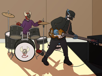 anthro band bass_guitar beak blue_body blue_eyes clothing drum drum_set duo feathers guitar hoodie horn male musical_instrument percussion_instrument plucked_string_instrument string_instrument tail tail_feathers topwear only0neman 0ne_(only0neman) color_(colorbirb) animal_humanoid avian avian_humanoid bird_humanoid demon demon_humanoid humanoid hi_res nonbinary_(lore)