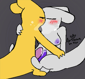 anthro blush blush_lines bodily_fluids breasts feral genital_fluids genitals gynomorph intersex kissing male nipples penile penis penises_touching precum sweat yellow_body arsinnamon rain_world videocult monk_(rain_world) survivor_(rain_world) slugcat hi_res tagme brother_(lore) brothers_(lore) incest_(lore) sibling_(lore)
