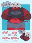 anthro bodily_fluids bulge clothing eyewear glasses growth hair male musclegut muscular simple_background solo speech_bubble sweat text tight_clothing torn_clothing weight_gain worried kaidzsu meato meatdragon scalie english_text hi_res