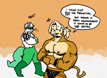 anthro armband atlas_(goodjobrammy) big_tail clothing crossed_arms dialogue duo ear_piercing ear_ring hair jockstrap male mask muscular nipples piercing ponytail ring_piercing speech_bubble sports_mask sportswear tail tattoo text underwear wrestler wrestling_boots wrestling_mask wrestling_outfit wrestling_tights goodjobrammy_(artist) diamondback_(goodjobrammy) american_opossum haplorhine mammal marsupial monkey primate english_text hi_res nonbinary_(lore)