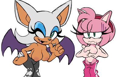 accessory annoyed anthro big_breasts bottomwear bottomwear_down breast_envy breasts brown_nipples clothed clothing duo eyelashes eyeshadow fangs female fur genitals glare green_eyes hair_accessory hairband makeup nipples one_eye_closed pants pants_down partially_clothed pink_body pink_fur pink_nipples small_breast_humiliation tail tan_body tan_skin teeth topless topless_female vulva white_body white_fur wings citrus1694 sega sonic_the_hedgehog_(series) amy_rose rouge_the_bat bat eulipotyphlan hedgehog mammal absurd_res hi_res