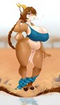 anthro big_breasts blush bottomwear bottomwear_down braided_hair breasts clothing curvy_figure female genitals hair nipple_outline pussy skirt_down solo tight_clothing voluptuous wardrobe_malfunction water_hole wide_hips f-ss antelope bovid gazelle mammal hi_res