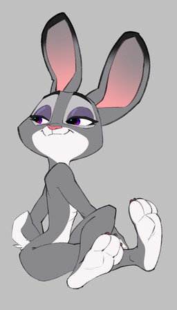 anthro crossed_legs feet female grey_body half-closed_eyes looking_back narrowed_eyes nude simple_background smile smug smug_face solo tail toes siroc disney zootopia judy_hopps lagomorph leporid mammal rabbit digital_media_(artwork) hi_res