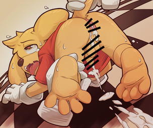 5_toes after_handjob all_fours anthro balls barefoot bodily_fluids bottomless bottomless_male censored_anus censored_balls censored_genitalia censored_penis clothed clothing cum dazed drooling feet flaccid floating_hands forced foreskin genital_fluids genitals gloves handwear heart_pupils heart_symbol holding_tail male open_mouth penis raised_tail red_clothing red_shirt red_topwear restrained_legs saliva shirt shirt_only soles sweat tail tears teeth toes tongue tongue_out topwear topwear_only unretracted_foreskin white_clothing white_gloves white_handwear young young_anthro young_male chiyoarashi1082 glitch_productions the_amazing_digital_circus scratch_(tadc) canid canine canis domestic_dog mammal 2026 absurd_res censored hi_res