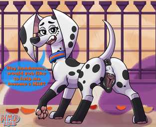 aged_up animal_genitalia animal_vulva anus black_anus black_vulva blush body_blush butt canine_genitalia canine_vulva collar detailed_background dialogue female female_feral feral fur genital_focus genitals looking_at_viewer looking_back pawpads paws pink_pawpads plump_labia presenting presenting_hindquarters puffy_anus raised_tail rear_view solo speech_bubble spots tail tail_anus talking_feral talking_to_viewer text toony vulva vulva_blush vulva_focus white_body white_fur conditional_dnp hmdkoba 101_dalmatian_street 101_dalmatians disney dolly_(101_dalmatians) canid canine canis dalmatian domestic_dog mammal 2023 artist_name dated english_text hi_res shaded
