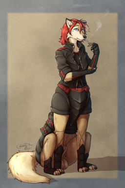 4_toes 5_fingers animal_genitalia animal_penis anthro armor balls black_clothing black_jacket black_topwear blue_eyes bodily_fluids brown_body brown_fur bulletproof_vest canine_genitalia canine_penis clothing feet fingers fur genital_fluids genitals gloves gynomorph gynomorph_taur hair handwear intersex intersex_taur jacket knot looking_at_viewer penis penis_tip pouches precum red_hair scar sheath simple_background sitting smoke smoking solo standing surprised toes topwear blokfort canid canine canis mammal taur wolf 2021 hi_res