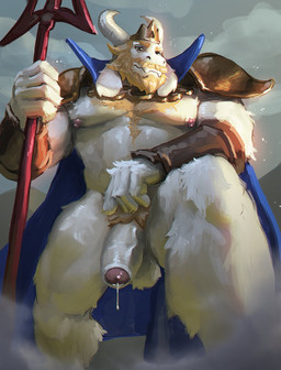 anthro balls beard blonde_hair bodily_fluids body_hair cape chest_hair clothing crown facial_hair flaccid foreskin fur genital_fluids genitals hair headgear horn humanoid_genitalia humanoid_penis long_ears looking_at_viewer looking_down male mature_anthro mature_male melee_weapon muscular muscular_anthro muscular_male nipples partially_retracted_foreskin penis polearm precum shoulder_pads solo trident weapon white_body white_fur drawller undertale undertale_(series) asgore_dreemurr bovid caprine goat mammal hi_res