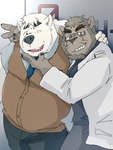 anthro belly black_nose bottomwear clothing duo eyewear glasses humanoid_hands kemono male necktie one_eye_closed overweight overweight_male pants shirt topwear wink train_(artist) bear mammal polar_bear ursine 2021 3:4