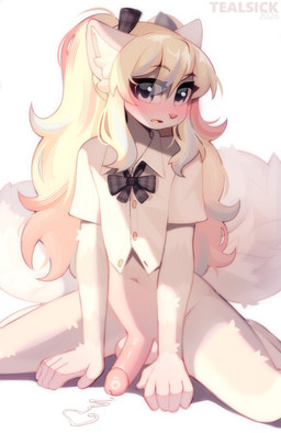 anthro balls blonde_hair blush bodily_fluids clothing collared_shirt dress_shirt erection femboy fluffy fluffy_tail genital_fluids genitals glans glistening glistening_genitalia glistening_glans glistening_penis hair humanoid_genitalia humanoid_penis inner_ear_fluff kneeling male penis precum shirt solo tail topwear tuft tealsick patrician_(rogbiejoke) domestic_cat felid feline felis mammal absurd_res hi_res