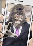 anthro being_photographed blush cellphone clothing electronics embarrassed hair male mane mane_hair phone ponytail smartphone solo suit hiroji080 lifewonders live_a_hero toshu felid lion mammal pantherine hi_res