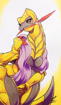 anthro big_breasts black_sclera blush blush_lines breasts claws covering covering_crotch eyelashes female looking_at_viewer non-mammal_breasts open_mouth pokemorph red_eyes simple_background solo tail tongue towel yellow_body 025aki nintendo pokemon generation_5_pokemon haxorus pokemon_(species) scalie 2025 absurd_res dated hi_res signature