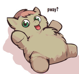 ambiguous_feral ambiguous_gender baby_talk dialogue featureless_crotch featureless_feet featureless_hands feet feral fur green_eyes grey_body grey_fur hair looking_at_viewer lying monotone_body monotone_fur on_back open_mouth pink_hair simple_background smile solo talking_to_another text white_background young young_ambiguous young_feral fromasia fluffy_pony fluffy_pony_(species) mammal digital_media_(artwork) english_text shaded