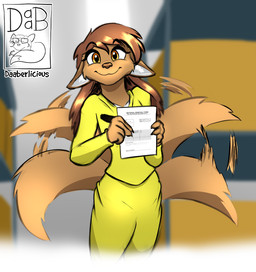 afterimage amber_eyes anthro biped blurred_background bottomwear brown_body brown_fur brown_hair brown_nose closed_smile clothed clothed_anthro clothed_female clothing eyebrow_through_hair eyebrows female female_anthro fingers fully_clothed fully_clothed_anthro fully_clothed_female fur hair holding_document holding_object holding_paper iris logo looking_at_viewer motion_lines mouth_closed pants paper pen pupils shirt smile smiling_at_viewer solo tail tail_motion tailwag topwear translucent translucent_hair white_inner_ear yellow_bottomwear yellow_clothing yellow_eyes yellow_pants yellow_shirt yellow_topwear daaberlicious freefall_(webcomic) florence_ambrose bowman's_wolf canid canine canis mammal red_wolf wolf artist_logo portrait three-quarter_portrait
