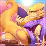 anthro big_breasts breasts clothed clothing eyewear fanning fanning_self female fur glasses glistening glistening_body glistening_breasts huge_breasts neck_tuft pince-nez solo tail thick_thighs tuft yellow_body yellow_fur pokegymsparks bandai_namco digimon digi_(yourdigimongirl) canid digimon_(species) mammal renamon 1:1 hi_res