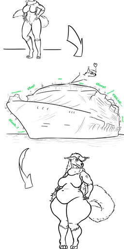 anthro arm_tattoo belly big_belly breasts cruise_ship digestion digestion_noises directional_arrow female heart_symbol huge_belly huge_thighs hyper hyper_belly merchant_ship navel object_vore onomatopoeia overweight overweight_female passenger_ship sequential_arrow ship solo sound_effects tail tattoo text thick_thighs vehicle vore watercraft weight_gain kritko canid mammal 2022 absurd_res comic hi_res sequence