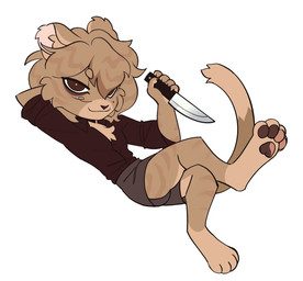 anthro chibi clothing knife looking_at_viewer male pawpads reclining simple_background smile solo white_background korjanix felid feline mammal hi_res