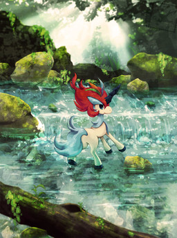blue_eyes blue_hair boulder feral hair horn log moss plant red_hair rock waterfall wood kotori mythology nintendo pokemon equid equine generation_5_pokemon keldeo keldeo_(resolute_form) legendary_pokemon mammal mythological_creature mythological_equine pokemon_(species) unicorn 2013