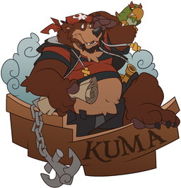 3_toes 4_fingers anchor anthro beak beard belly bottomwear brown_body brown_fur claws clothed clothing duo facial_hair feathers feet feral fingers fur green_body green_feathers holding_object kerchief male map midriff perching pirate shirt shorts simple_background size_difference slightly_chubby smile t-shirt toes toony topwear vest white_background kuma bear mammal 2013 hi_res