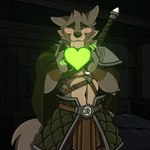 anthro armor bedroom blush cape cheek_tuft claws clothed clothing dark_room detailed_background eyes_closed facial_tuft finger_claws fur glowing_heart green_heart head_tuft heart_symbol looking_at_viewer male melee_weapon multicolored_body multicolored_fur navel neck_tuft partially_clothed pawpads smile solo sword tuft two_tone_body two_tone_fur weapon kael_tiger marcydragonwolf far_beyond_the_world_(series) ranok_(far_beyond_the_world) canid canine canis mammal wolf 1:1