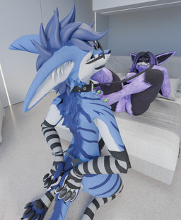 anthro anus black_body black_fur blue_body blue_fur collar cuffed_wrists duo female fur genitals leash leashed_collar male male/female markings paws penis presenting presenting_anus presenting_vulva purple_body purple_fur raised_paw striped_markings stripes vulva white_body white_fur saderus feyyore saderus_(character) canid canine canis hybrid jackal mammal rexouium absurd_res hi_res