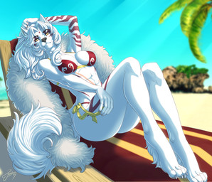 4_toes 5_fingers anthro arm_tattoo barefoot beach bikini bikini_bottom bikini_top black_nose breasts butt clothed clothed_anthro clothed_female clothing feet female fingers fur hair hindpaw humanoid_hands medium_breasts nipple_outline paws sand solo swimwear tattoo thick_thighs toes two-piece_swimsuit white_body white_fur white_hair feralise mahru_(zayne.) canid canine canis domestic_dog mammal nordic_sled_dog samoyed spitz hi_res