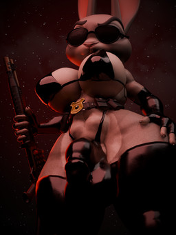 anthro armwear balls balls_outline bikini bikini_bottom bikini_top black_armwear black_bikini black_clothing black_elbow_gloves black_gloves black_handwear black_latex black_legwear black_swimwear black_thigh_highs breasts bulge clothing crossgender detailed_bulge elbow_gloves eyebrows eyewear ftg_crossgender fti_crossgender genital_outline genitals gloves gun gynomorph handwear intersex latex latex_armwear latex_bikini latex_clothing latex_elbow_gloves latex_gloves latex_handwear latex_legwear latex_thigh_highs legwear looking_at_viewer looking_down looking_down_at_viewer penis_outline police_badge raised_eyebrow ranged_weapon red_background shotgun simple_background solo star sunglasses swimwear tactical_belt thigh_highs two-piece_swimsuit weapon oddo zebjo_(modeler) disney zootopia judy_hopps lagomorph leporid mammal rabbit 3:4 3d_(artwork) absurd_res digital_media_(artwork) hi_res