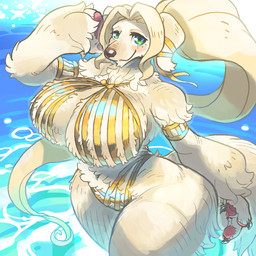 anthro armwear big_breasts bikini bow_ribbon breasts claws cleavage clothed clothing female fluffy green_eyes hair hand_in_hair huge_breasts navel pawpads ponytail skimpy skimpy_bikini solo swimwear thick_thighs touching_hair two-piece_swimsuit water wide_hips yellow_bikini yellow_clothing yellow_swimwear utsuki_maito canid canine canis domestic_dog mammal