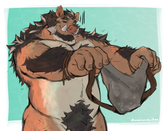 anthro barazoku beard beer_belly belly belly_hair biceps big_belly big_muscles big_pecs black_beard black_body black_facial_hair black_fur black_hair black_pubes black_sideburns bodily_fluids body_hair border brown_body brown_fur clothing cum cum_in_clothing cum_in_jockstrap cum_in_underwear cum_stain cum_through_clothing cum_through_jockstrap cum_through_underwear facial_hair fur genital_fluids green_background grey_clothing grey_jockstrap grey_underwear grin grinning_at_viewer hair happy_trail holding_clothing holding_jockstrap holding_object holding_underwear jockstrap male manly musclegut muscular muscular_anthro muscular_arms muscular_male muscular_thighs nude nude_anthro nude_male offering_to_viewer offering_underwear pecs pubes sideburns simple_background smile smiling_at_viewer solo standing thick_arms thick_thighs tusks underwear wet wet_clothing wet_jockstrap wet_underwear white_body white_border white_fur meocondainhan mammal suid suine sus_(pig) wild_boar hi_res