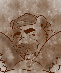 annoyed anthro backwards_baseball_cap backwards_hat baseball_cap bodily_fluids claws clothing cum cum_in_mouth cum_inside cum_on_leg cum_on_penis duo fellatio finger_claws genital_fluids genitals half-closed_eyes hat head_tuft headgear headwear looking_away male male/male narrowed_eyes navel offscreen_character oral penile penis sex spread_legs spreading tuft pawfeetlover arches_(game) echo_(series) echo_project cameron_wilson devon_ortega bear canid canine canis coyote mammal hi_res restricted_palette