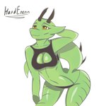 anthro bra breasts brown_eyes butt clothing eyebrows female green_body horn legwear navel non-mammal_breasts panties solo stripes tail thigh_highs underwear hardenonn reptile scalie 1:1 hi_res