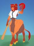 5_fingers armor baseball_bat bat_(object) batting_helmet bottomless brown_body clothed clothing crop_top female fingers hair headgear helmet holding_object hooves navel orange_body outside pregnant pregnant_female pregnant_taur red_hair shirt solo sportswear standing tail tail_tuft taur_lower_pregnancy topwear tuft pregoo aila_(pregoo) bovid bovine cattle mammal taur hi_res