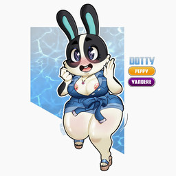 4_fingers 4_toes anthro areola big_breasts big_butt biped black_body black_fur black_lips black_lipstick black_nails blue_background blue_clothing blue_eyes blush blushing_at_viewer bottomwear bouncing_breasts bow_(feature) breasts butt cleavage cleavage_cutout clothed clothing colored_nails cutout denim denim_clothing eyebrows feet female fingers footwear fully_clothed fur fur_markings gesture high_heels jewelry juicy_thighs jumping lips lipstick long_ears makeup markings nails necklace nipple_piercing nipple_slip nipples piercing pink_nipples rabbit_ears romper shoes shorts shortstack simple_background small_waist smile smiling_at_viewer solo teeth teeth_showing thick_eyebrows thick_thighs toes video_game_character waving waving_hand white_body white_fur wide_hipped_female wide_hips yandere raccoon_sama animal_crossing nintendo dotty_(animal_crossing) animal_humanoid humanoid lagomorph lagomorph_humanoid leporid leporid_humanoid mammal mammal_humanoid rabbit rabbit_humanoid 1:1 absurd_res hi_res