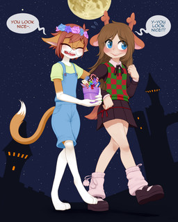 3_toes anthro barefoot black_bottomwear black_clothing black_ribbon black_skirt black_topwear blue_eyes blue_flower blush bottomwear brown_hair candy candy_cane checkered checkered_clothing checkered_sweater checkered_topwear checkered_vest claws clothing costume deer_costume denim_overalls dessert digitigrade duo eyewear fake_antlers fake_ears fake_ears_hairband fake_horns fake_tail feet female finger_claws flower flower_crown food footwear fur glasses green_clothing green_shirt green_topwear hair holidays male mary_janes moon multicolored_body multicolored_fur nougat orange_body orange_fur pattern_clothing pattern_sweater pattern_topwear pattern_vest paws pink_flower plant plant_pot purple_flower red_hair red_ribbon round_glasses scut_tail sharp_teeth shirt shoes short_hair short_tail skirt sky star starry_sky sweater tail teeth toes topwear trick-or-treating vest white_body white_clothing white_fur white_shirt white_topwear mentalcrash deltarune halloween omori_(game) undertale_(series) basil_(omori) noelle_holiday felid feline human mammal 4:5 absurd_res hi_res