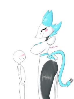 anthro big_breasts blush blush_stickers breasts duo eyes_closed faceless_character faceless_male female hand_on_hip larger_female machine male pose simple_background size_difference smaller_male smile white_background white_body trickflickd deltarune undertale_(series) tasque_manager android darkner domestic_cat felid feline felis mammal robot 2021 3:4 signature