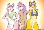 anthro bottomless breasts clothed clothing ear_piercing female genitals group looking_at_viewer nipples nude one_breast_out piercing pussy tail tongue tongue_piercing os portzebie brandi_(os) sandra_(os) teri_(os) canid canine felid fox mammal