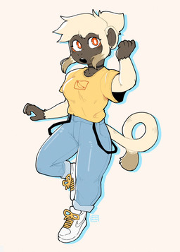 anthro big_ears blue_bottomwear blue_clothing blue_jeans blue_pants bottomwear choker clothed clothed_anthro clothed_female clothing cuffed_jeans denim denim_bottomwear denim_clothing dipstick_tail ear_piercing female female_anthro fingers footwear front_view fully_clothed fully_clothed_anthro fully_clothed_female fur hair jeans jewelry markings necklace open_mouth orange_ears pants piercing shirt shoes simple_background sneakers solo tail tail_markings topwear white_background white_body white_clothing white_footwear white_fur white_hair white_shoes yellow_clothing yellow_shirt yellow_topwear conditional_dnp sonokido greater_ventura_city nike kae_(sonokido) haplorhine mammal monkey primate 2022 absurd_res digital_drawing_(artwork) digital_media_(artwork) full-length_portrait hi_res portrait