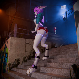 anthro butt cybernetic_arm cybernetic_limb cybernetics cyberpunk female gun hair machine neon_lights night pink_hair ranged_weapon solo street tail weapon mokson lagomorph leporid mammal rabbit 3d_(artwork) animated blender_(artwork) digital_media_(artwork) hi_res short_playtime sound video