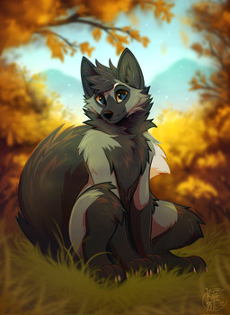 anthro autumn_leaves black_body black_fur black_hair black_nose chest_tuft claws forest fur grass grey_body grey_fur hair looking_at_viewer male mountain_range nude outside paws plant short_hair smile smiling_at_viewer solo tree tuft yellow_eyes kitakettu_(artist) canid canine fox mammal red_fox silver_fox true_fox 2022 colored digital_media_(artwork) digital_painting_(artwork) full-length_portrait hi_res painting_(artwork) portrait watermark
