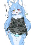 ahoge anthro blue_body blue_fur blue_hair blush bottomwear camo camo_clothing camo_print cheek_tuft claws clothed clothing clothing_pull cute_fangs facial_tuft fangs femboy finger_claws fluffy fur hair heterochromia jacket kemono male male_anthro neck_tuft panties pantsless pattern_bottomwear pattern_clothing pattern_panties pattern_underwear pawpads red_eyes solo striped_bottomwear striped_clothing striped_panties striped_underwear stripes teeth text topwear tuft underwear underwear_pull whiskers white_body white_fur yellow_eyes nat_(artist) japan_air_self-defense_force omaneko_(jasdf) domestic_cat felid feline felis mammal 2023 digital_media_(artwork) japanese_text portrait three-quarter_portrait translated