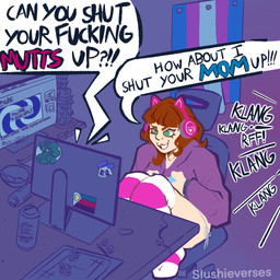 clothed clothed_female clothed_human clothing computer detailed_background dialogue electronics female female_human footwear gaming hair legwear lgbt_pride pride_color_flag pride_colors profanity socks solo sound_effects speech_bubble text thigh_highs thigh_socks transgender_pride_colors slushieverses human mammal 1:1 2026 digital_media_(artwork) english_text hi_res