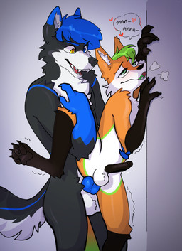 4_toes 5_fingers abdominal_bulge against_surface against_wall anthro balls belly big_ears big_penis black_body black_fur black_nose black_pawpads black_penis blue_body blue_fur blue_penis blush butt cheek_tuft countershading dipstick_tail duo eyebrows eyelashes facial_tuft feet fingers fluffy fluffy_tail from_behind_position fur genitals gloves_(marking) green_body green_eyes green_fur green_hair green_tail grey_body grey_fur hair half-closed_eyes heterochromia humanoid_hands leg_markings looking_pleasured male male/male markings multicolored_body multicolored_fur multicolored_tail narrowed_eyes nude orange_body orange_fur orange_tail pawpads penetration penis raised_leg sex shaking short_hair size_difference slim smaller_penetrated smile socks_(marking) spread_legs spreading standing standing_sex tail tail_markings text toes tongue tongue_out tuft white_balls white_belly white_body white_fur duskiglow enkowusky flashingfox canid canine canis fox mammal wolf 2021 hi_res