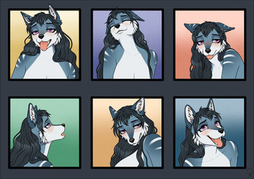 ahegao anthro black_nose blue_body blue_fur blue_hair blush cheek_tuft facial_tuft fangs female female_anthro front_view fur hair logo long_hair looking_pleasured narrowed_eyes nude open_mouth pink_eyes side_view simple_background solo striped_shoulders teeth tongue tongue_out tuft white_body white_fur milk-jug raiyuki canid canine mammal artist_logo bust_portrait expression_sheet multiple_images portrait