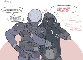 arm_around_partner armor belt black_body blush cloak clothing dialogue duo female french_flag gloves handwear headgear heart_eyes heart_symbol helmet kevlar machine male male/female military military_uniform science_fiction simple_background standing text topwear uniform vest warjenkins human humanoid mammal robot robot_humanoid english_text french_text german_text hi_res translated