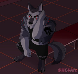 anthro arm_tattoo bench biped black_bottomwear black_clothing black_nose black_pants black_shirt black_t-shirt black_topwear bottomwear chair clothing detailed_background eye_scar facial_scar floor furniture looking_at_viewer male pants red_sclera scar shirt solo spiked_jacket t-shirt tattoo tile tile_floor topwear white_eyes hc4art hellaverse helluva_boss vortex_(helluva_boss) canid canine canis demon mammal wolf 2021 digital_media_(artwork) hi_res