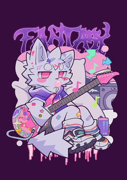 ambiguous_gender anthro beverage_can bubble_gum clothing electric_guitar fluffy fur guitar male musical_instrument pink_eyes plucked_string_instrument purple_clothing solo string_instrument white_body white_fur yunbucai domestic_cat felid feline felis mammal hi_res