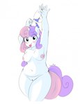 anthro belly big_breasts bikini breasts clothing female genitals holding_clothing holding_object horn looking_at_viewer nude pussy simple_background smile solo swimwear thick_thighs tongue tongue_out two-piece_swimsuit white_background freezietype friendship_is_magic hasbro my_little_pony mythology sweetie_belle_(mlp) equid equine mammal mythological_creature mythological_equine unicorn hi_res