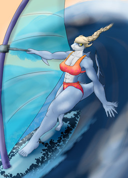 abs anthro biceps big_breasts bikini boat braided_hair breasts clothing female hair muscular muscular_anthro muscular_female muscular_thighs navel non-mammal_breasts non-mammal_navel sailing_boat sailing_watercraft solo surfboard swimwear thick_thighs two-piece_swimsuit vehicle watercraft wide_hips windsurfer marunishkek cavemanon_studios volcaldera_ashfall coral_(volcaldera_ashfall) aquatic fish shark absurd_res hi_res